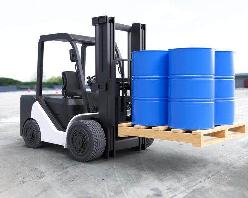 The forklift truck is lifting oil barrels. 3D illustration